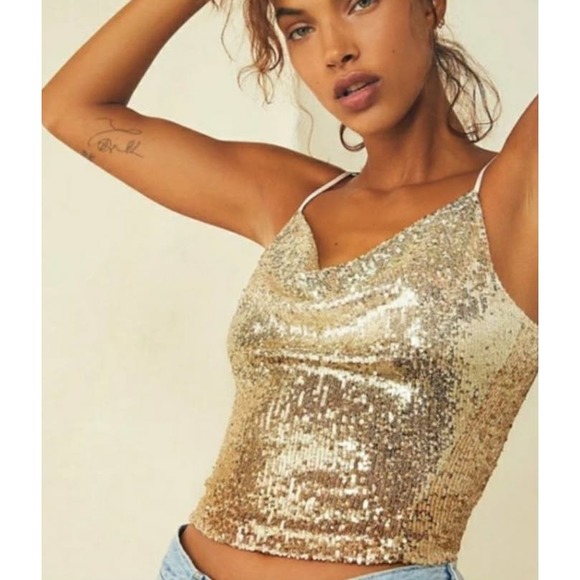 NWOT Free People Stop and Stare Gold Sequin Cami Top - Picture 1 of 9